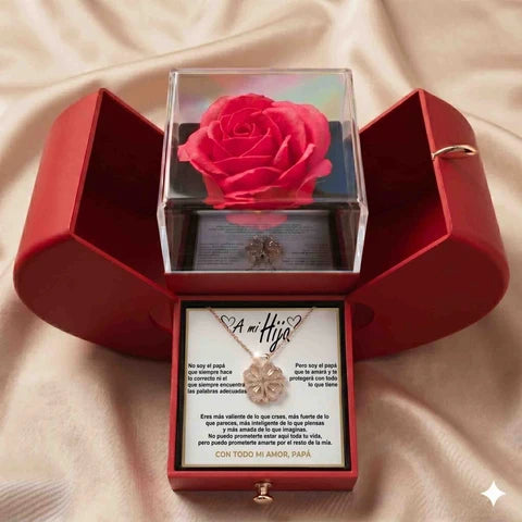 Collar Trébol de 4 Hojas Suerte & Caja con Rosa Eterna